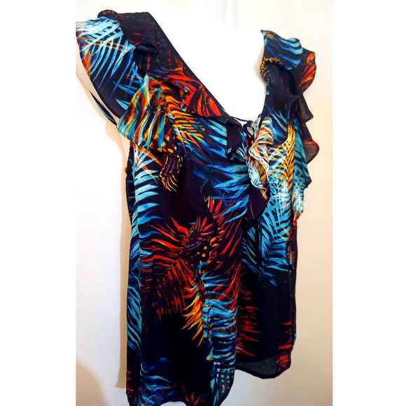 NWT Worthington Women Size S Multicolor Palm Black Tropical Print Ruffle Top - Picture 2 of 8